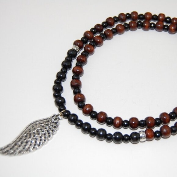 Angel Wing Necklace,Wood Necklace,26 inches,8mm Wooden Beads - Picture 2 of 4